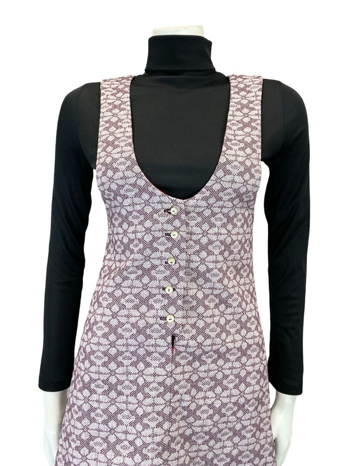 VTG 60S 70S LILAC PURPLE MOD GEOMETRIC FLORAL PINAFORE MINI DRESS S 8 10