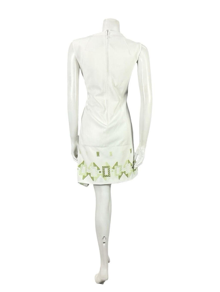 VTG 60S 70S LUCIE LINDEN WHITE GREEN GEOMETRIC MOD EMBROIDERED SHIFT DRESS 12 14