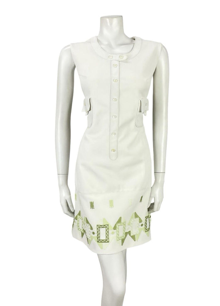 VTG 60S 70S LUCIE LINDEN WHITE GREEN GEOMETRIC MOD EMBROIDERED SHIFT DRESS 12 14