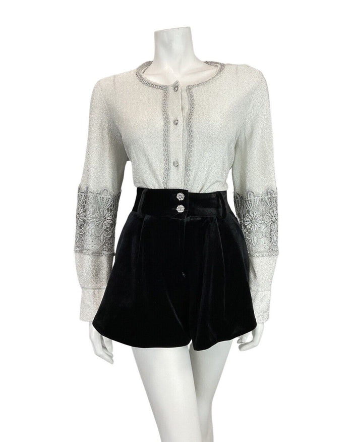 VTG 60s 70s METALLIC SILVER LUREX LACE DISCO PARTY STUDIO 54 JACKET BLOUSE 12 14