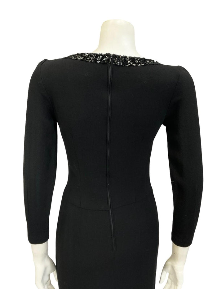 VTG 60S 70S MOD BLACK PURE WOOL SEQUIN BOW V NECK PARTY WIGGLE DRESS 6 XS
