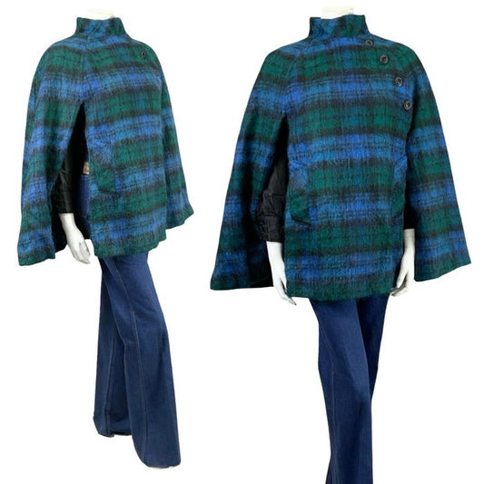 Shrinking Violets Vintage 60s 70s mod mohair wool blue and green plaid cape on a mannequin wearing blue flared jeans