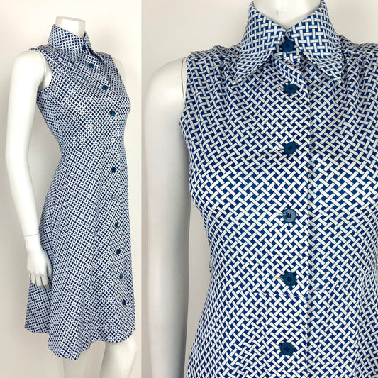 VTG 60s 70s MOD BLUE WHITE BASKET WEAVE OP-ART DAGGER COLLAR SHIRT DRESS 8 10