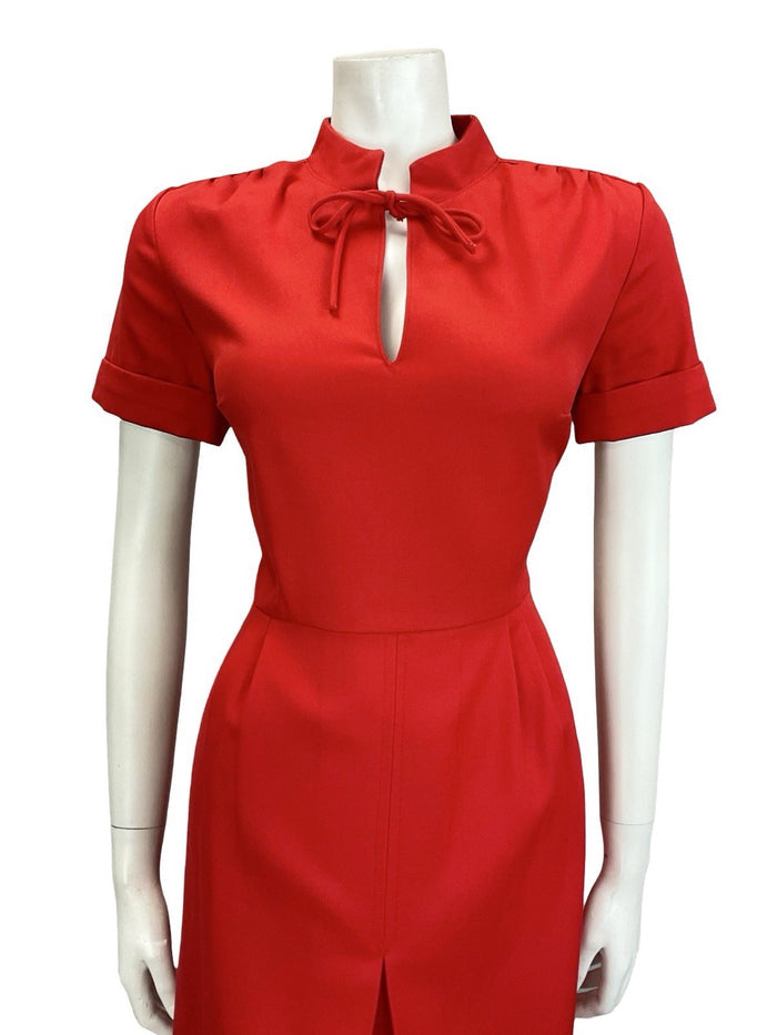 VTG 60S 70S MOD BRIGHT RED MANDARIN TIE COLLAR PLEATED MIDI DRESS 12