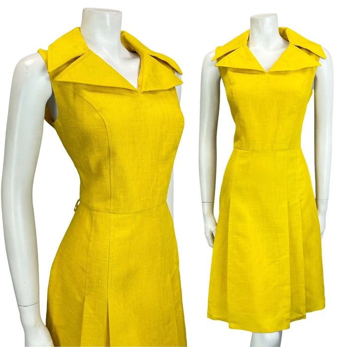 VTG 60S 70S MOD BRIGHT YELLOW WING NOTCH LAPEL PLEATED SHIRT MINI DRESS 12