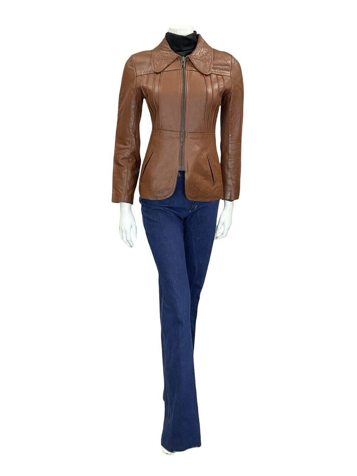 VTG 60S 70S MOD DARK TAN BROWN SPOON DOG EAR COLLAR ZIP LEATHER JACKET COAT 4