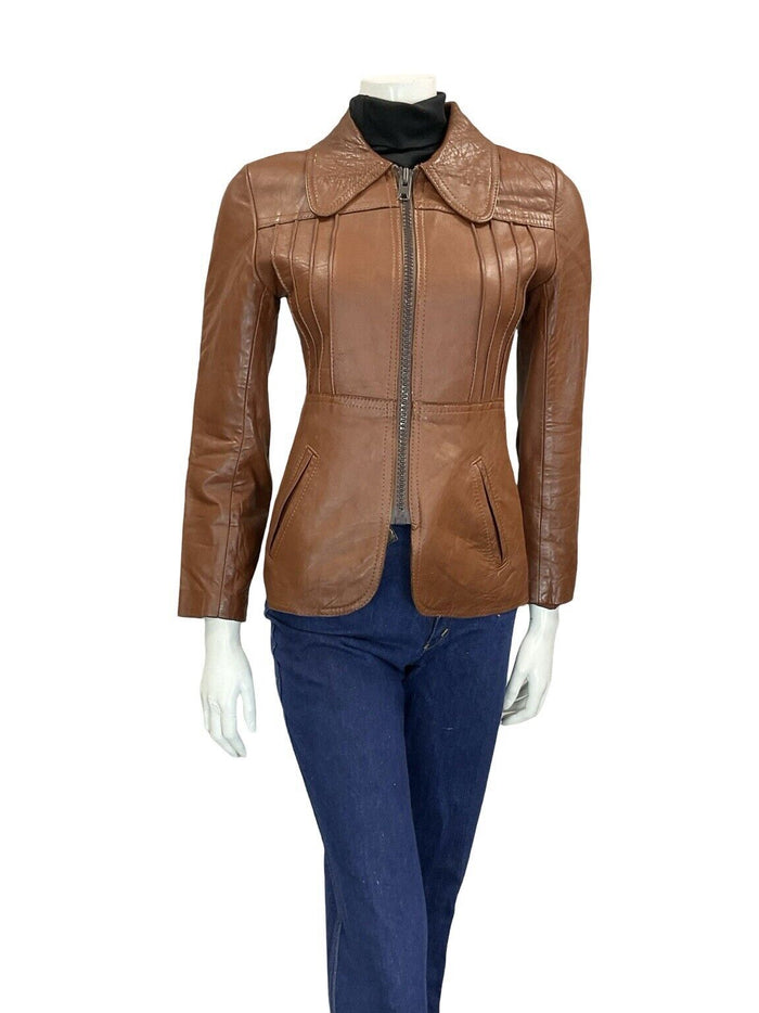 VTG 60S 70S MOD DARK TAN BROWN SPOON DOG EAR COLLAR ZIP LEATHER JACKET COAT 4