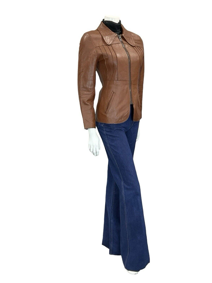 VTG 60S 70S MOD DARK TAN BROWN SPOON DOG EAR COLLAR ZIP LEATHER JACKET COAT 4