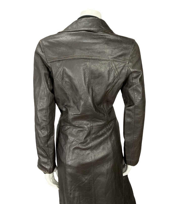 VTG 60S 70S MOD DOG EAR COLLAR BROWN LEATHER TRENCH MAC TIE WAIST BOW JACKET 12