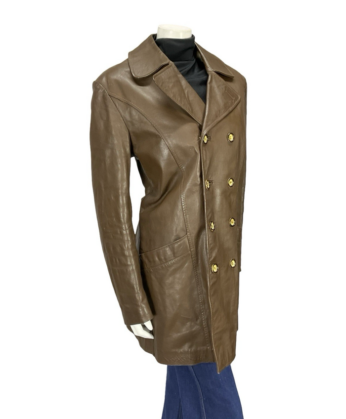 VTG 60S 70S MOD DOUBLE BREAST BROWN LEATHER TRENCH MAC FAUX FUR LINED JACKET 16