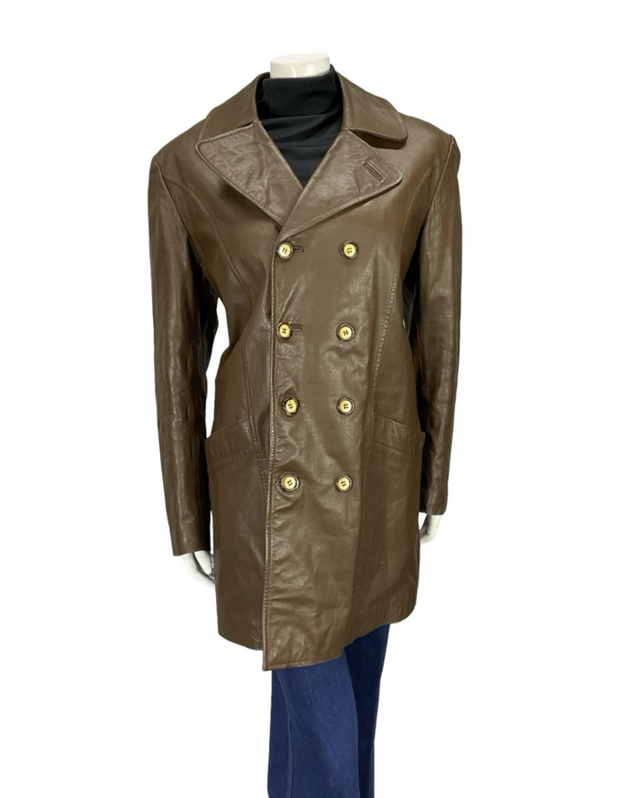VTG 60S 70S MOD DOUBLE BREAST BROWN LEATHER TRENCH MAC FAUX FUR LINED JACKET 16