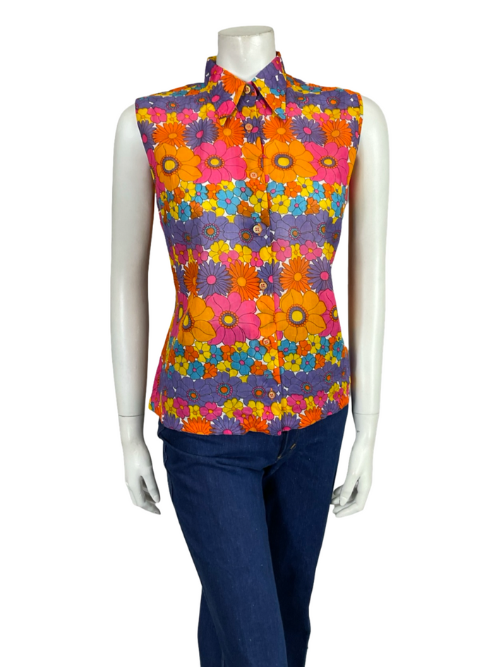 VTG 60S 70S MOD FORAL PINK ORANGE BLUE YELLOW PURPLE DAGGER SLEEVELESS SHIRT 12