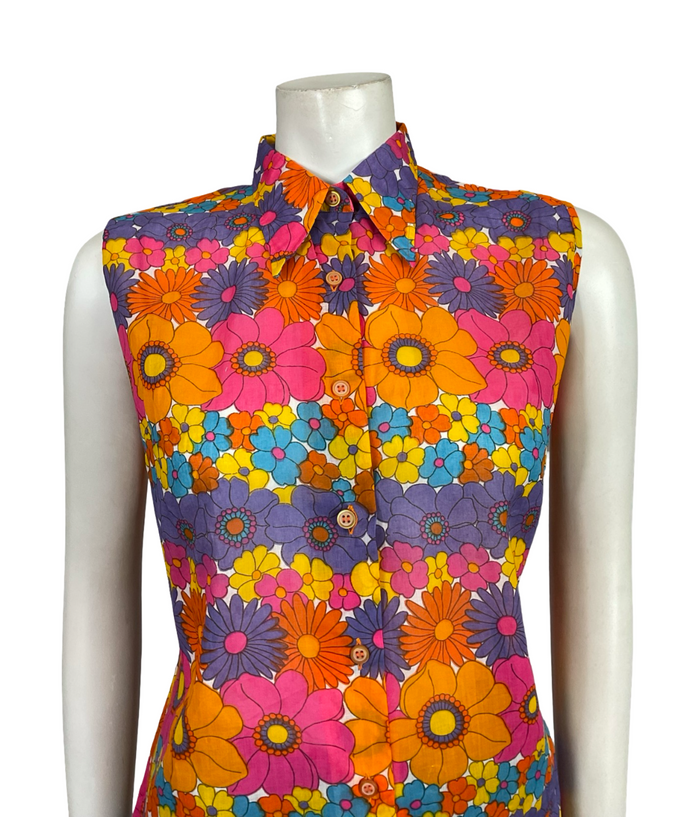 VTG 60S 70S MOD FORAL PINK ORANGE BLUE YELLOW PURPLE DAGGER SLEEVELESS SHIRT 12