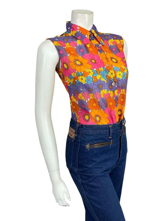 VTG 60S 70S MOD FORAL PINK ORANGE BLUE YELLOW PURPLE DAGGER SLEEVELESS SHIRT 12