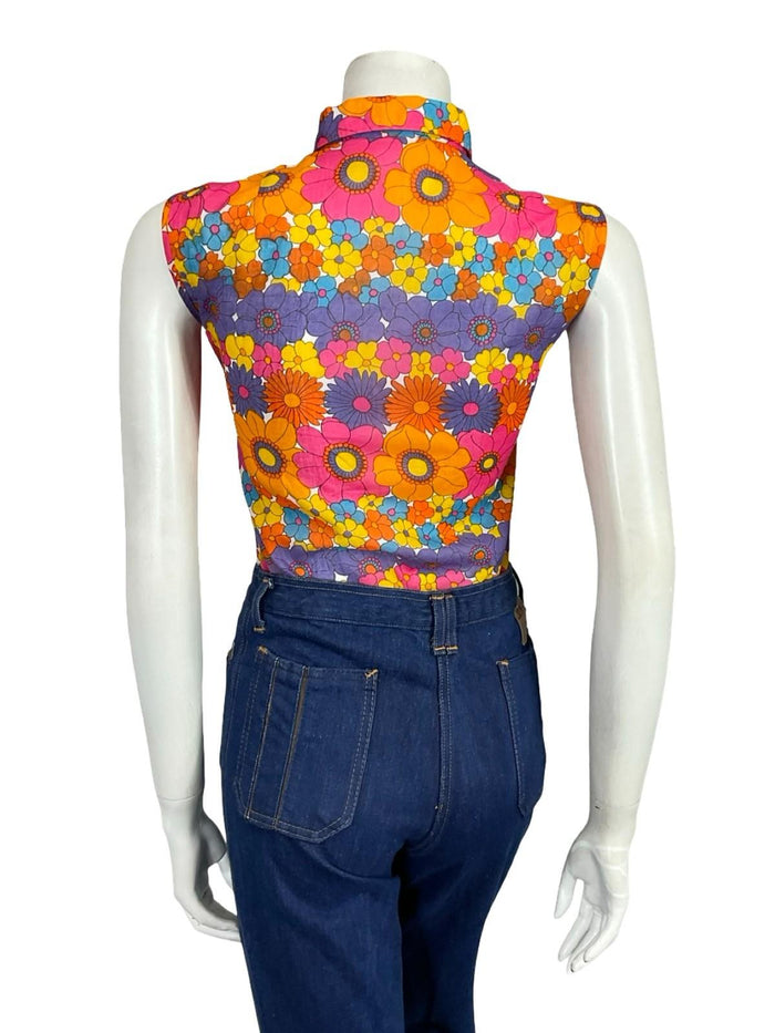 VTG 60S 70S MOD FORAL PINK ORANGE BLUE YELLOW PURPLE DAGGER SLEEVELESS SHIRT 12