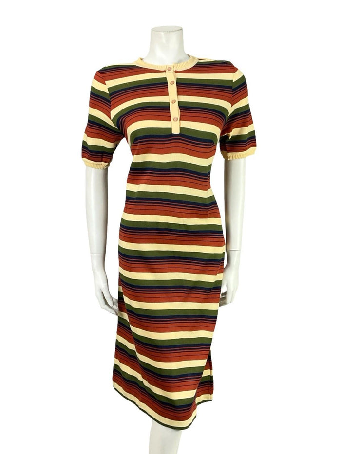 VTG 60S 70S MOD GEOMETRIC STRIPED BEIGE BROWN BLUE GREEN KNIT MIDI DRESS 12