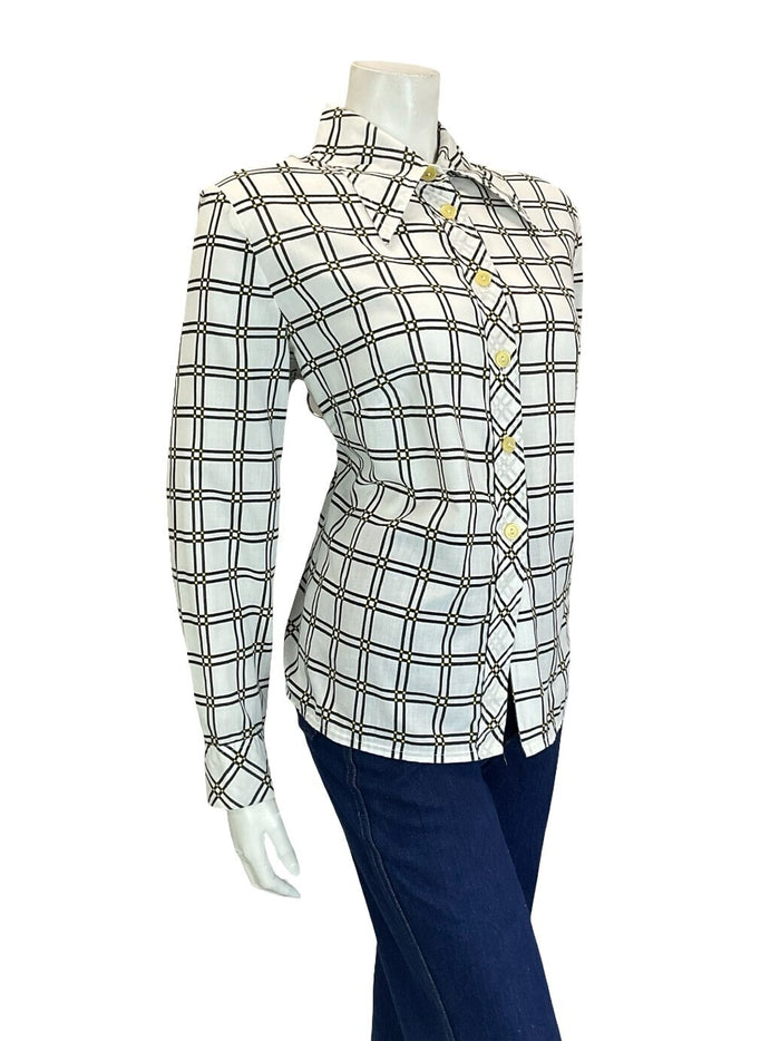 VTG 60S 70S MOD GEOMETRIC WHITE BLACK YELLOW CHECKED GRID DAGGER COLLAR SHIRT 18