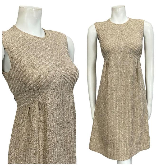 Mannequin wears a 60s light gold mod sleeveless empire shift dress in a glittery knit striped fabric.