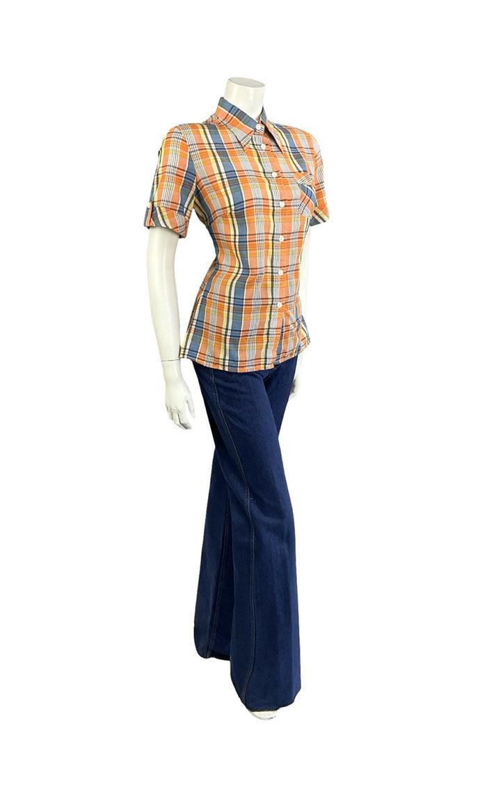 VTG 60S 70S MOD ORANGE YELLOW WHITE BLUE PLAID TARTAN DAGGER COLLAR SHIRT 12