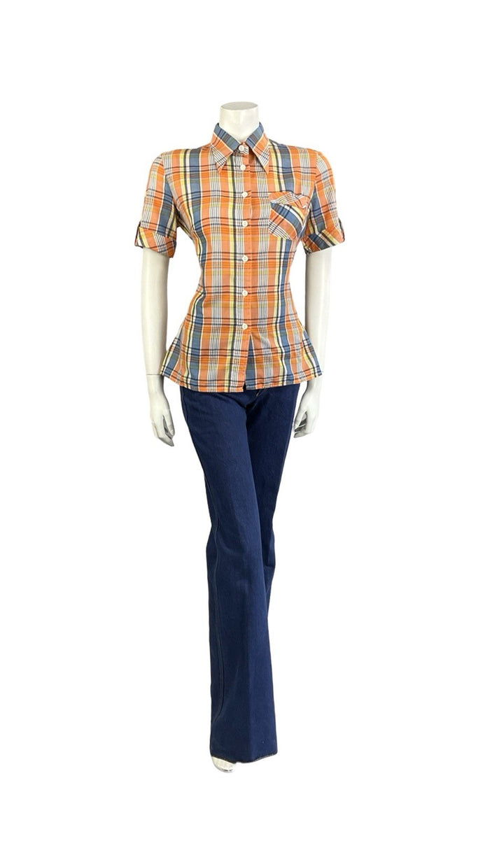 VTG 60S 70S MOD ORANGE YELLOW WHITE BLUE PLAID TARTAN DAGGER COLLAR SHIRT 12