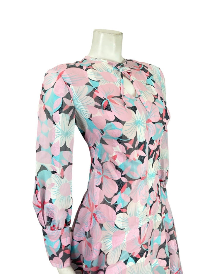 VTG 60S 70S MOD PINK BLUE GREEN STRIPED FLORAL DROPPED WAIST SKATER DRESS 10