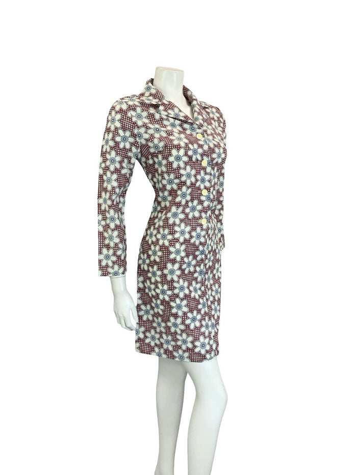 VTG 60S 70S MOD PLUM PURPLE BLUE WHITE GEOMETRIC FLORAL DOTTY SHIRT DRESS 10
