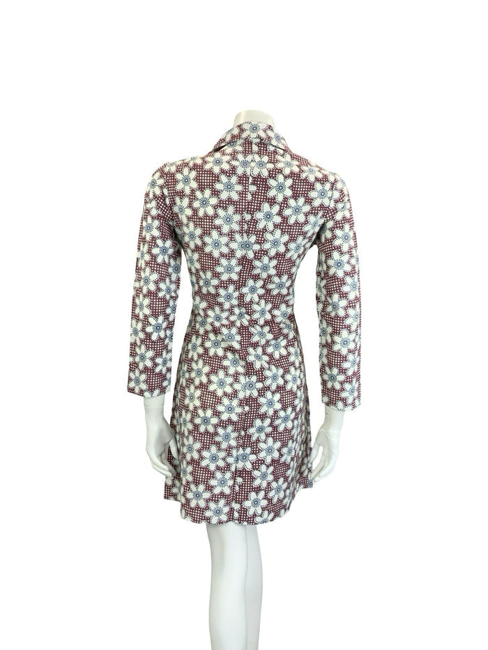 VTG 60S 70S MOD PLUM PURPLE BLUE WHITE GEOMETRIC FLORAL DOTTY SHIRT DRESS 10