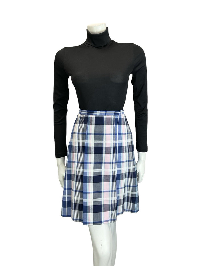 VTG 60S 70S MOD PREPPY BLUE WHITE PINK PLAID CHECKED PLEATED MINI SKIRT S 8 10