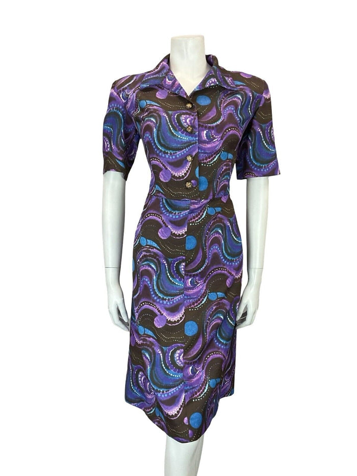 VTG 60S 70S MOD PSYCHEDELIC BROWN PURPLE BLUE WAVY MIDI SHIRT DRESS 14 16
