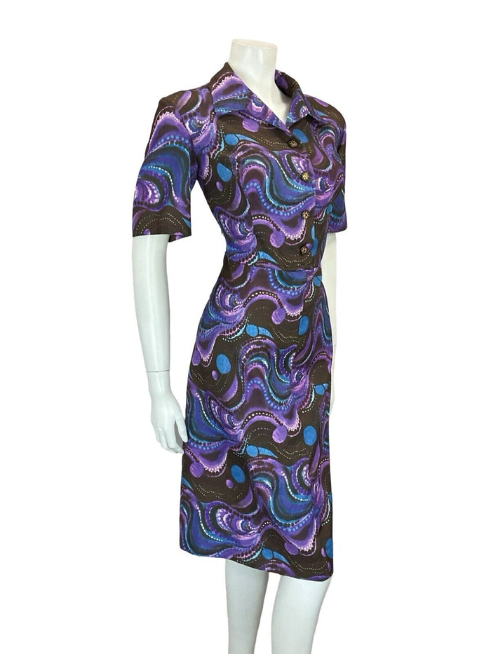 VTG 60S 70S MOD PSYCHEDELIC BROWN PURPLE BLUE WAVY MIDI SHIRT DRESS 14 16