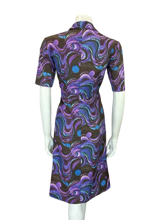 VTG 60S 70S MOD PSYCHEDELIC BROWN PURPLE BLUE WAVY MIDI SHIRT DRESS 14 16