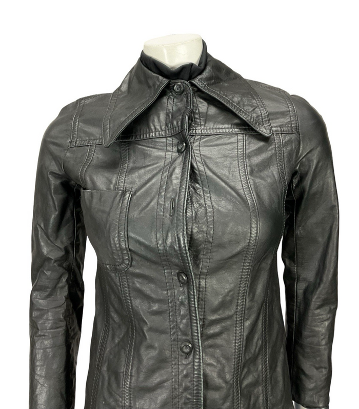 VTG 60S 70S MOD PUNK DAGGER COLLAR JET BLACK LEATHER JACKET XS 4