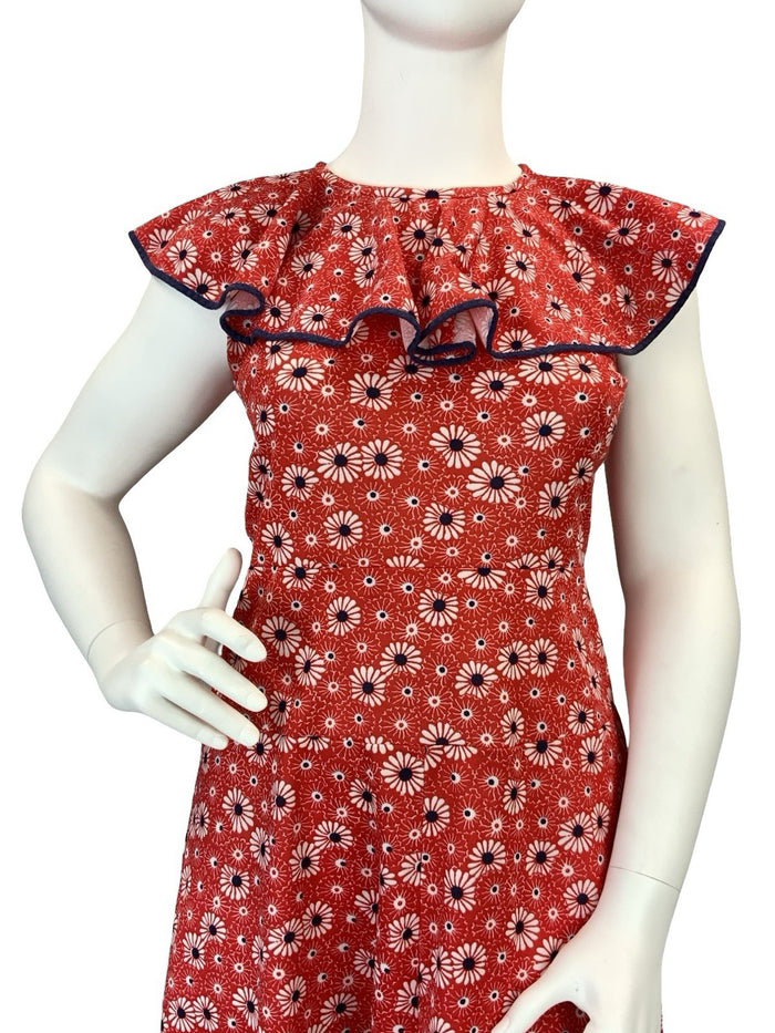 VTG 60S 70S MOD RED WHITE BLUE FLORAL RUFFLE NECK A LINE DRESS 14 16