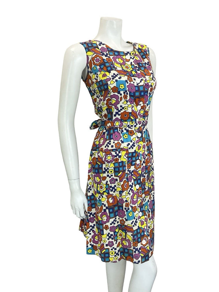 VTG 60S 70S MOD WHITE BLUE PINK YELLOW GEOMETRIC FLORAL BELTED SUN DRESS 10 12