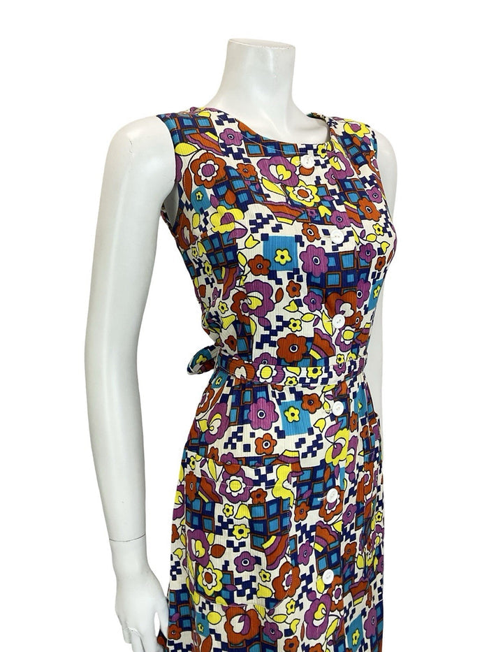VTG 60S 70S MOD WHITE BLUE PINK YELLOW GEOMETRIC FLORAL BELTED SUN DRESS 10 12