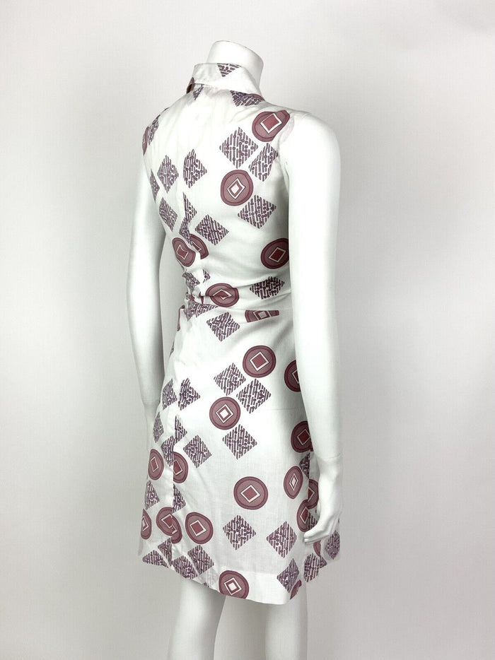 VTG 60s 70s MOD WHITE BROWN RED BLUE GEOMETRIC DAGGER SHIRT SUMMER DRESS 12 14