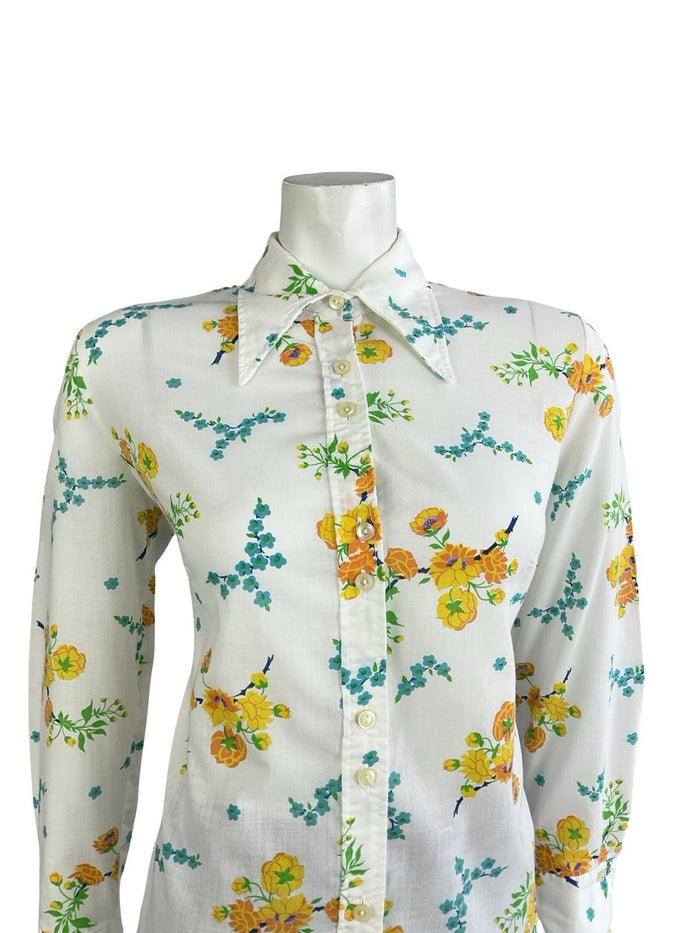 VTG 60S 70S MOD WHITE YELLOW BLUE FLORAL DAGGER COLLAR SHIRT 14