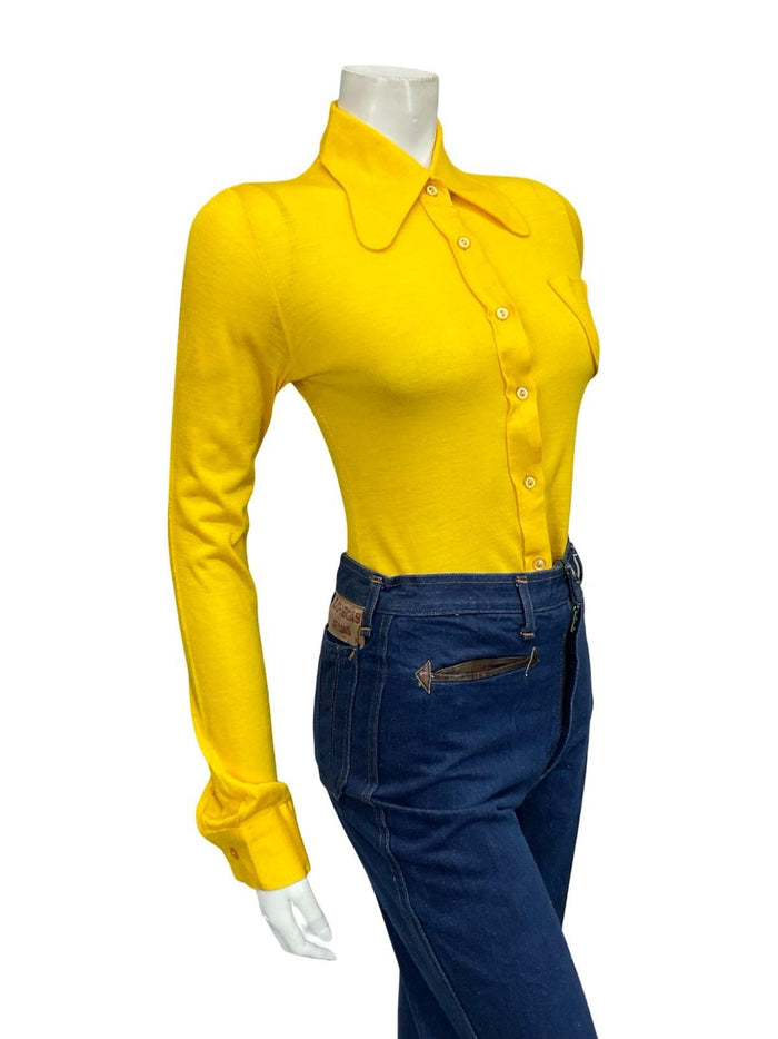 VTG 60S 70S MONOCHROME BRIGHT YELLOW MOD BEAGLE DOG EAR COLLAR SHIRT 6 XS