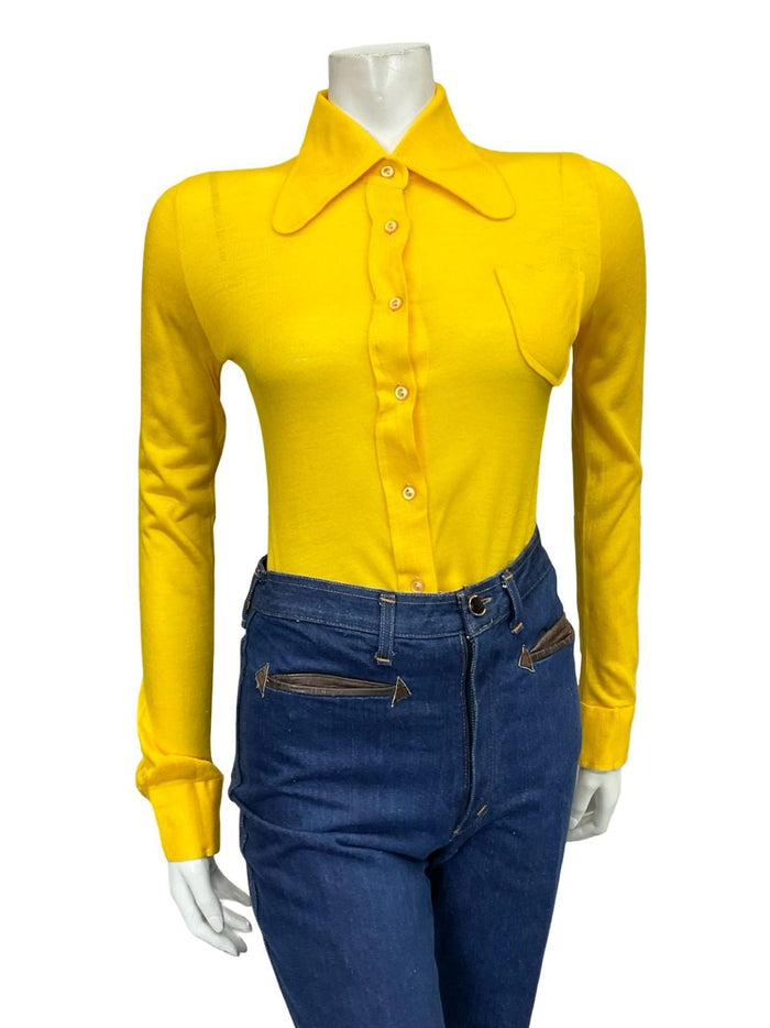 VTG 60S 70S MONOCHROME BRIGHT YELLOW MOD BEAGLE DOG EAR COLLAR SHIRT 6 XS