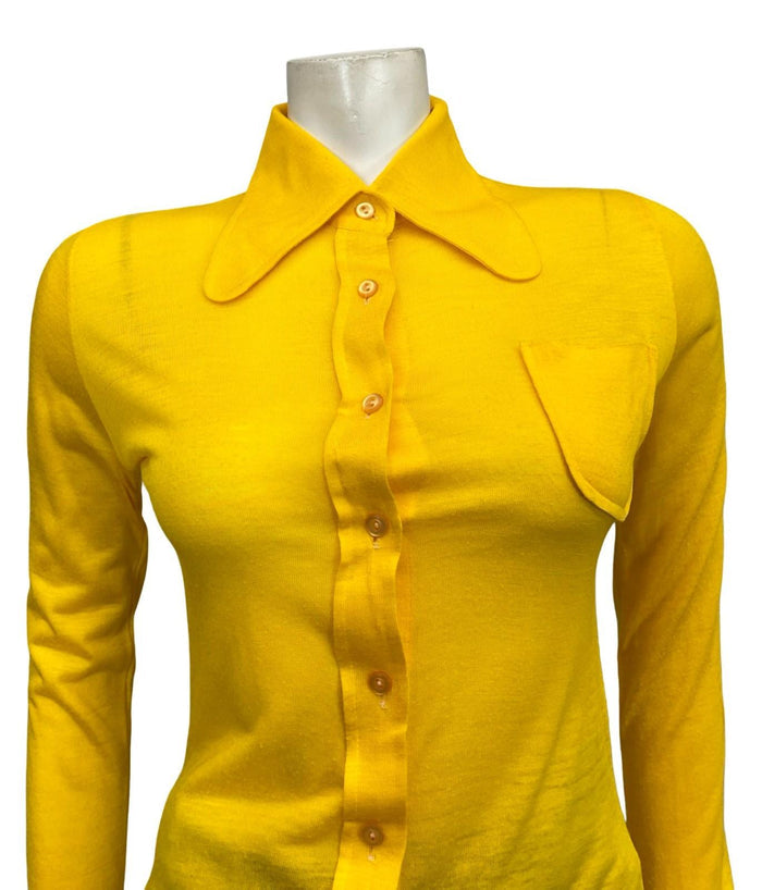 VTG 60S 70S MONOCHROME BRIGHT YELLOW MOD BEAGLE DOG EAR COLLAR SHIRT 6 XS