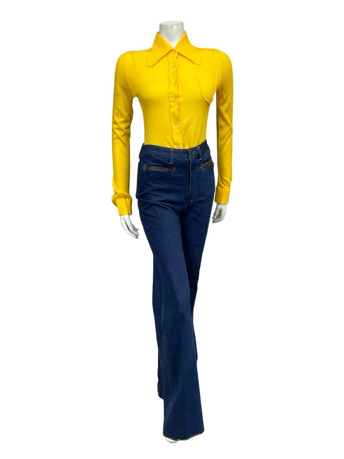 VTG 60S 70S MONOCHROME BRIGHT YELLOW MOD BEAGLE DOG EAR COLLAR SHIRT 6 XS