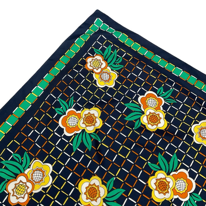 VTG 60S 70S NAVY BLUE GREEN YELLOW ORANGE GEOMETRIC GRID FLORAL SCARF