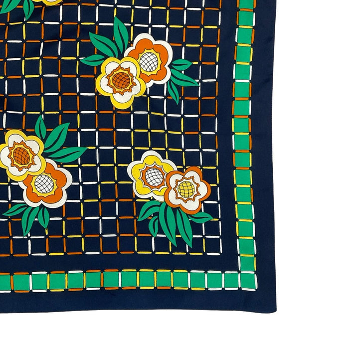 VTG 60S 70S NAVY BLUE GREEN YELLOW ORANGE GEOMETRIC GRID FLORAL SCARF