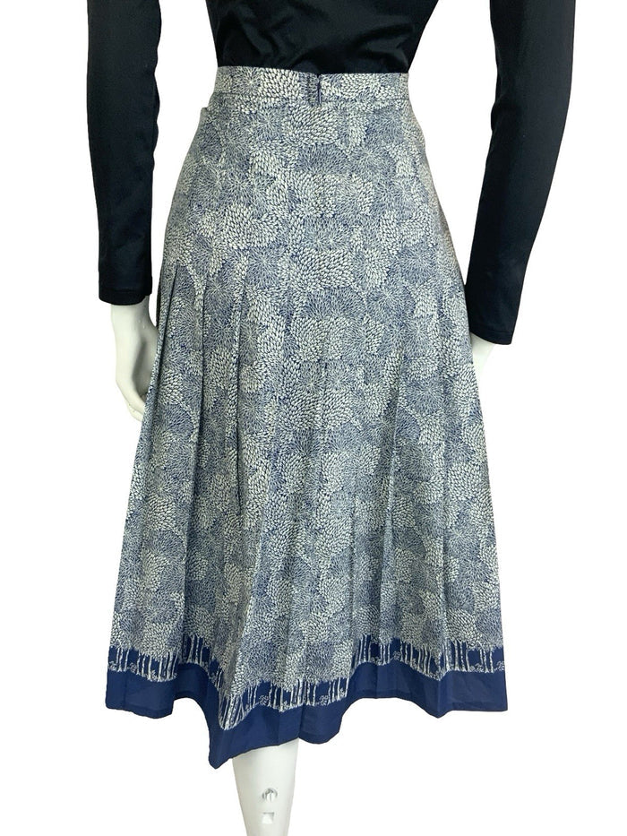 VTG 60S 70S NAVY BLUE GREY LEAFY TREE PLEATED A LINE SECRETARY MIDI SKIRT 10