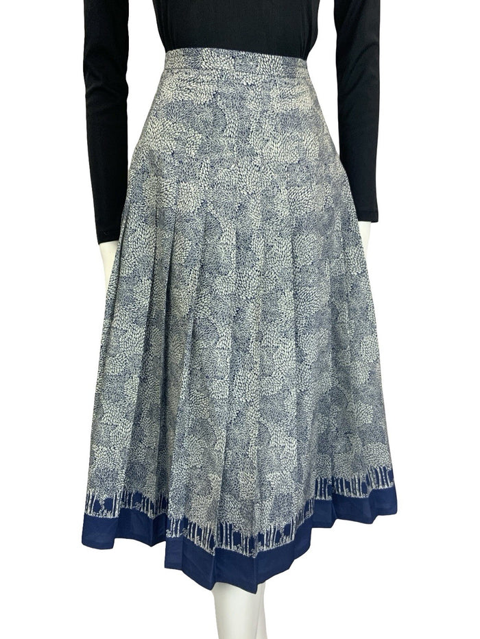 VTG 60S 70S NAVY BLUE GREY LEAFY TREE PLEATED A LINE SECRETARY MIDI SKIRT 10