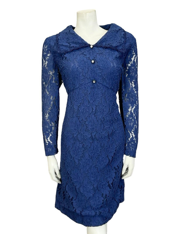 VTG 60S 70S NAVY BLUE LACE MOD DIAMANTE EMPIRE LONG SLEEVE PARTY SHIRT DRESS 14