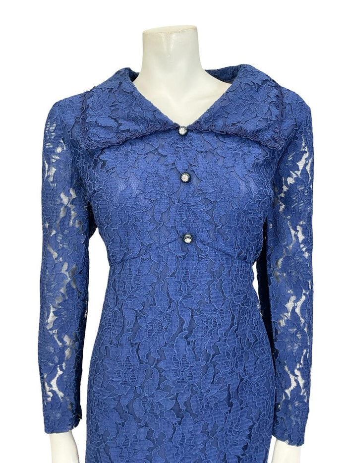 VTG 60S 70S NAVY BLUE LACE MOD DIAMANTE EMPIRE LONG SLEEVE PARTY SHIRT DRESS 14