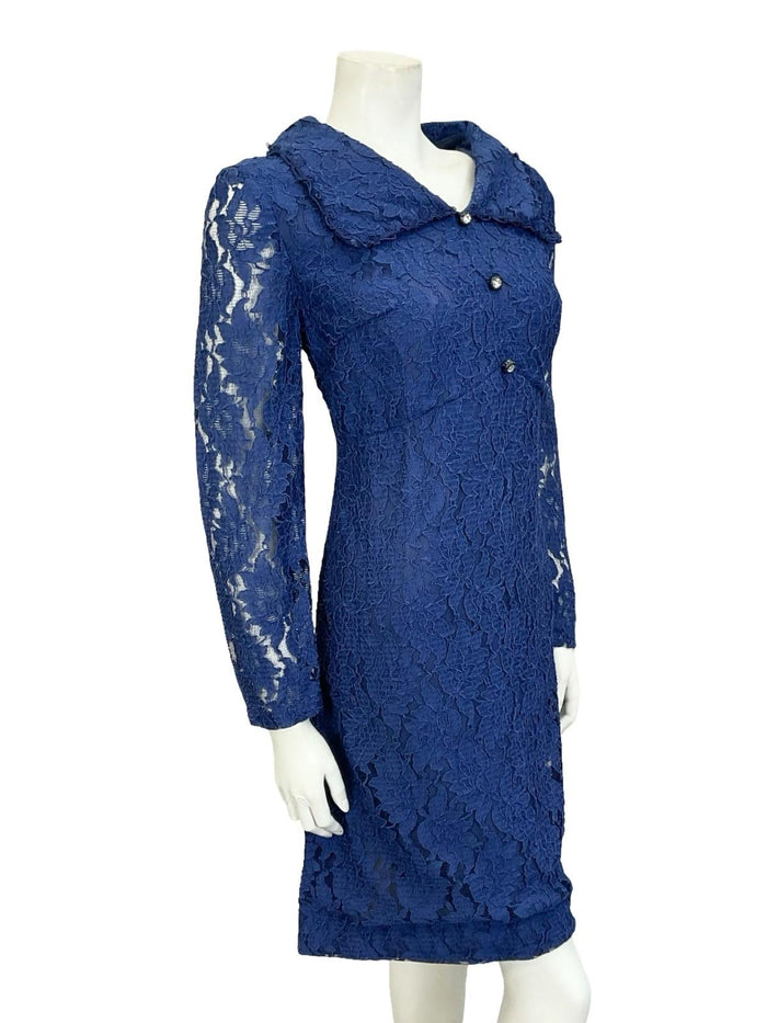 VTG 60S 70S NAVY BLUE LACE MOD DIAMANTE EMPIRE LONG SLEEVE PARTY SHIRT DRESS 14