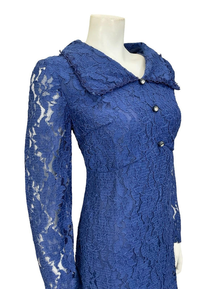 VTG 60S 70S NAVY BLUE LACE MOD DIAMANTE EMPIRE LONG SLEEVE PARTY SHIRT DRESS 14
