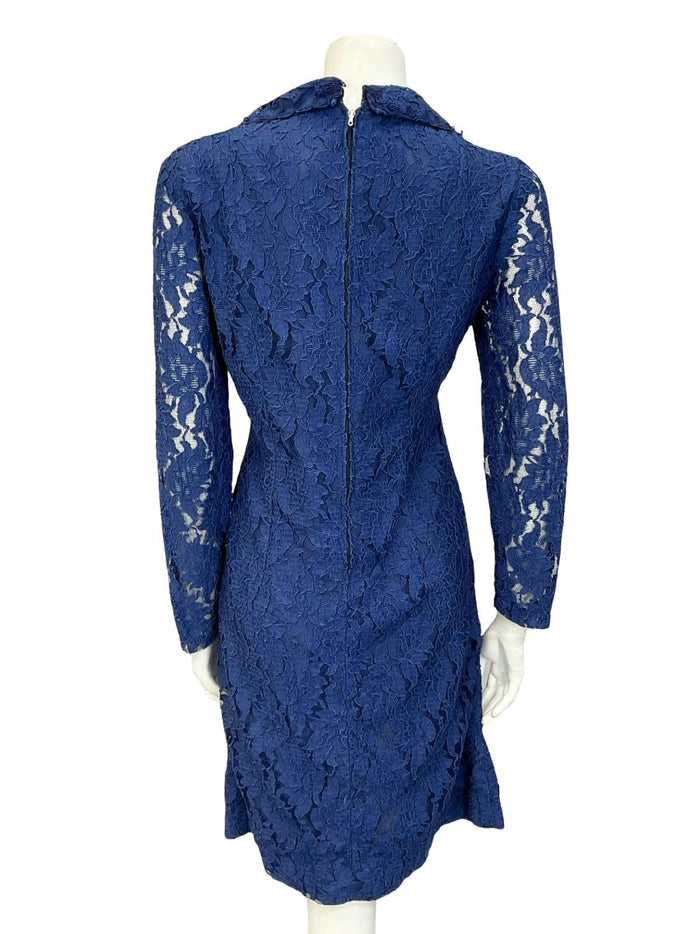 VTG 60S 70S NAVY BLUE LACE MOD DIAMANTE EMPIRE LONG SLEEVE PARTY SHIRT DRESS 14